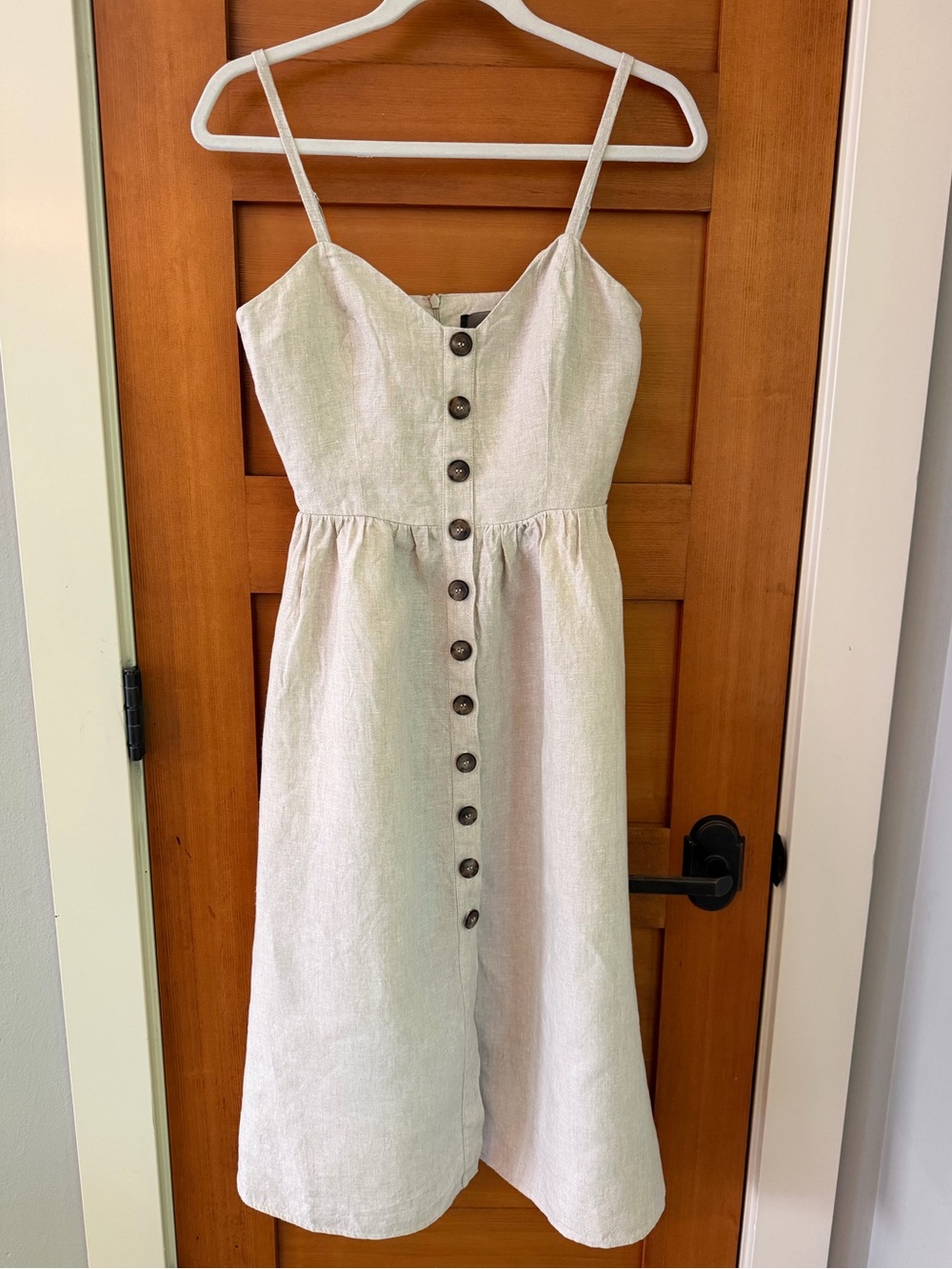 Reformation 100% Linen Button Front Midi Dress Natural Oatmeal Adjustable Strap